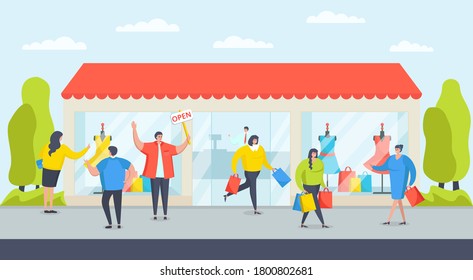 Store shop building for cartoon customers, modern business vector illustration. Boutique clothing sale, retail market concept. Trendy flat character go for fashion open shop event, shopper purchase.