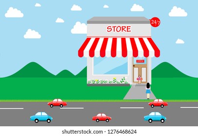 store or shop building opern 24 hours on street of city concept vector illlustration. 
