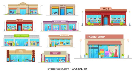 Store and shop buildings isolated vector icons. Cartoon shopping malls exterior front view with glass windows. Jewelry, wigs, sport clothing and fabric, shoes, uniform and hats retail shop buildings