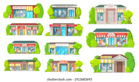 Almacenar y comprar edificios aislados de iconos vectoriales. Cartoon shopping malls vista frontal exterior con ventanas de vidrio. Joyas, pelucas, ropa y tela deportiva, zapatos, uniformes y sombreros, tiendas minoristas