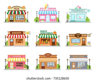 Store Shop Buildings Set With Pizza Restaurant Bakery Cafe Barber Flowers Ice Cream. Flat Vector Set