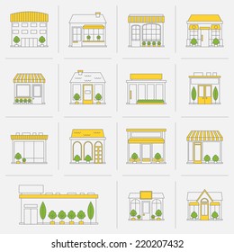 Store Shop Business Buildings Flat Line Icon Set Isolated Vector Illustration