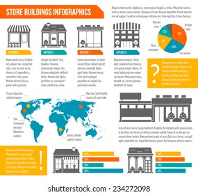 Store shop business buildings infographics set with world map and chart templates vector illustration