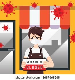 Store shop is closed or bankrupt business concept vector illustration. Effect of corona virus or covid-19 outbreak. Social distancing impact. The sad entrepreneur man hanging closed closed sign shop