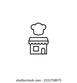 Store and shop concept. Outline sign suitable for web sites, stores, shops, internet, advertisement. Editable stroke drawn with thin line. Icon of chefs hat over shop