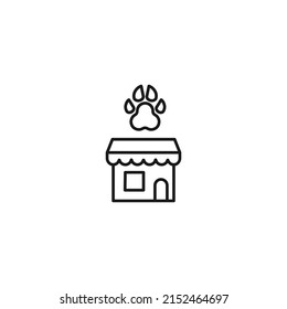 Store and shop concept. Outline sign suitable for web sites, stores, shops, internet, advertisement. Editable stroke drawn with thin line. Icon of dogs paw over shop 