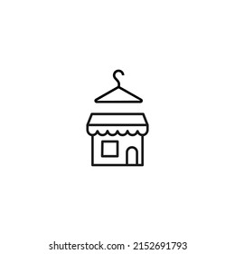 Store and shop concept. Outline sign suitable for web sites, stores, shops, internet, advertisement. Editable stroke drawn with thin line. Icon of coat rack over shop 
