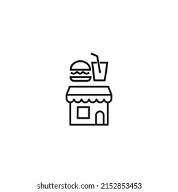 Store and shop concept. Outline sign suitable for web sites, stores, shops, internet, advertisement. Editable stroke drawn with thin line. Icon of burger and soda over store