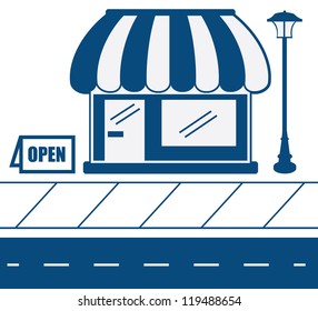 Store shop front in blue with sidewalk