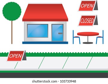 Store shop front with red awning