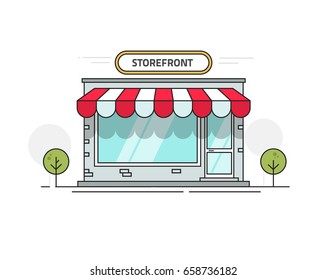 Store Or Shop Front View Vector Illustration, Cartoon Line Outline Storefront On Street Isolated On White Background
