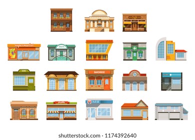 Store shop front window buildings icon set flat isolated