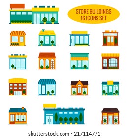 Store shop front window buildings icon set flat isolated vector illustration