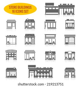 Store shop front window buildings black icon set isolated vector illustration