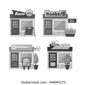 Store shop front window buildings icon set flat isolated vector illustration