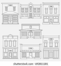 Store shop front window buildings black icon set