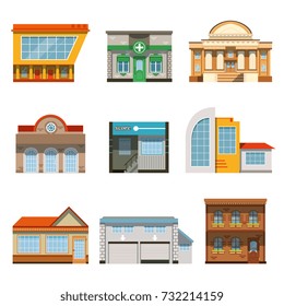Store shop front window buildings icon set flat isolated
