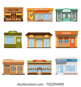 Tienda tienda edificios de la ventana delantera icono conjunto plano aislado