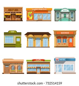 Store shop front window buildings icon set flat isolated