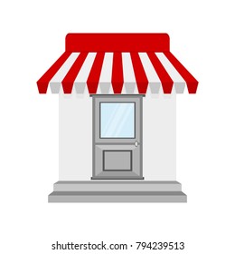 Store or shop icon in flat design. Vector illustration. Shop building, isolated on white background.
