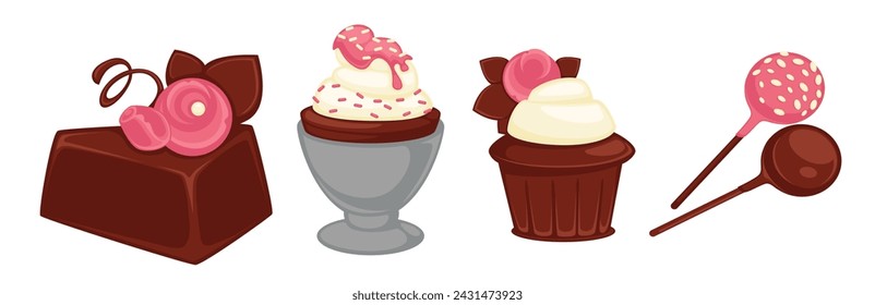 Store or shop products, isolated sweets and desserts with chocolate, sprinkles and decorations. Delicious ice cream, lollipops or candies with crunchy nut pieces. Vector in flat style illustration