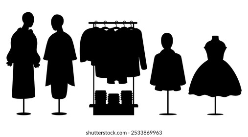 Store Shop rack with clothes on hangers and mannequins in women clothing - dress, skirt, jacket. Isolated silhouette black drawings. Shopping. Vector illustration