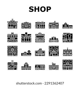 store shop retail market icons set vector. business building, supermarket buy, sale city, front commercial, grocery delivery store shop retail market glyph pictogram Illustrations