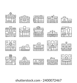 store shop retail market icons set vector. business building, supermarket buy, sale city, front commercial, grocery delivery store shop retail market black contour illustrations