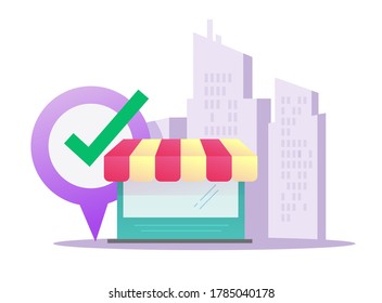 Store shop retail vector flat cartoon building, market storefront design illustration on city and location pointer position, idea of restaurant or cafe boutique front window on street view