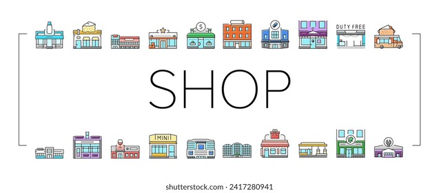 store shop retail web cart icons set vector. business basket, bag market, buy sale, supermarket commerce, internet delivery store shop retail web cart color line illustrations