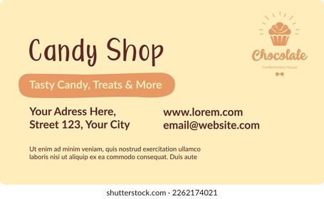 Store or shop selling candies. Information about owner, phone number and logotype of production. Calligraphic inscription and physical address of location. Business card, vector in flat style