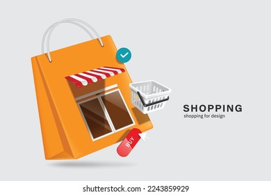 Store or shop
shaped like shopping bag shapes and with order confirmation icons,basket,buy button appeared in front of the entrance door,vector3d isolated for shopping promotion advertising design