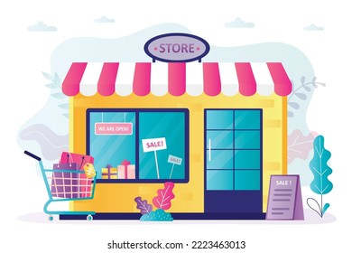 Store, shopping center building. Entrance to supermarket. Showcases of large store. Storefront, facade of store with sale and discount labels. Marketing campaign. Shop exterior. vector illustration