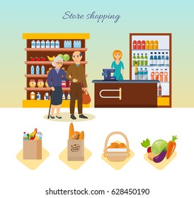 Store shopping concept. Shop, supermarket interior, healthy eating. Family walking around the store and takes fresh food. Modern vector illustration isolated on white background.