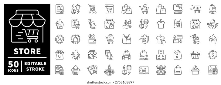 Store and shopping outline icon set: thin line, editable stroke symbols for retail and commerce