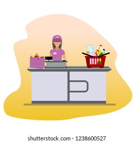 Store shopping. Supermarket cashier at the cash register. Flat style vector illustration