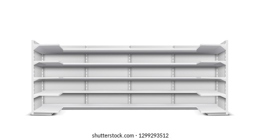 Store showcase long rack with empty shelves for products and goods presentation or sale 3d realistic vector mockup template isolated on white background. Retail industry trading equipment illustration