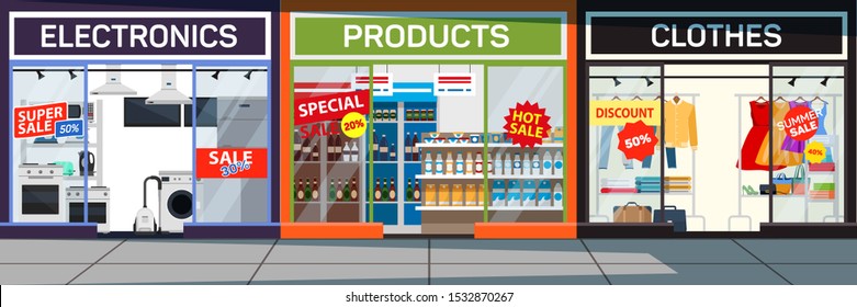 Store showcases flat vector illustration. Electronics, products and clothes shops exterior. Domestic appliances, food and apparel retail business. Seasonal clearance sale, shopping event promotion