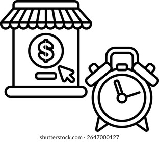 Um sinal de loja com um sinal de dólar e um relógio com a hora de 10:00