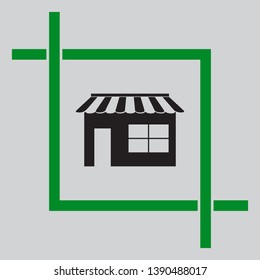Store sign illustration. Black icon inside green crop tool at light gray background