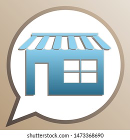 Store sign illustration. Bright cerulean icon in white speech balloon at pale taupe background. Illustration.