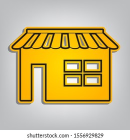 Store sign illustration. Flat orange icon with overlapping linear black icon with gray shadow at whitish background. Illustration.