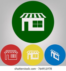 Store sign illustration. Vector. 4 white styles of icon at 4 colored circles on light gray background.