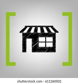 Store sign illustration. Vector. Black scribble icon in citron brackets on grayish background.