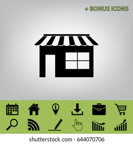Store sign illustration. Vector. Black icon at gray background with bonus icons at celery ones