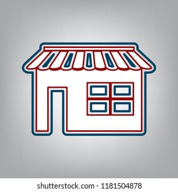 Store sign illustration. Vector. Dark red, transparent and midnight green stroke of white icon at grayish background.