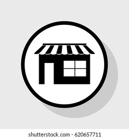 Store sign illustration. Vector. Flat black icon in white circle with shadow at gray background.