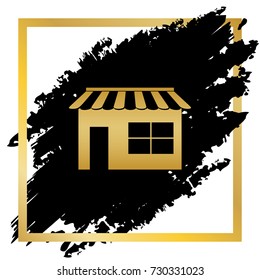 Store sign illustration. Vector. Golden icon at black spot inside golden frame on white background.