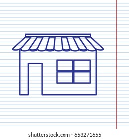 Store sign illustration. Vector. Navy line icon on notebook paper as background with red line for field.