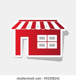 Store sign illustration. Vector. New year reddish icon with outside stroke and gray shadow on light gray background.